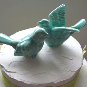 Aqua Love Birds Wedding Cake Topper With Wings Love Birds  Ceramic Birds  Ceramic Bird Home Decor