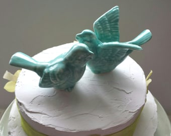 Aqua Love Birds Wedding Cake Topper With Wings Love Birds  Ceramic Birds  Ceramic Bird Home Decor