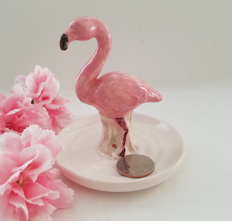 Flamingo Trinket Dish Pink and White Ceramic Jewelry Storage Etsy