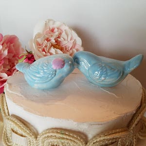 Wedding Cake Toppers Love Birds Baby Blue With Flower Pink Glitter Aqua In Stock My Original Design Ceramic Wedding Keepsake Wedding Favor