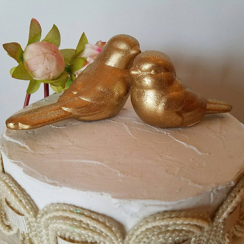 Wedding Cake Topper Glitter and Gold Love Birds Gold Glitter Birds Home Decor Ceramic Vintage Love Bird Design image 2