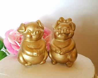 Wedding Cake Topper Ceramic Figurines Gold Pigs Gold Home Decor Ceramic Vintage Pig Design. Nursery animals