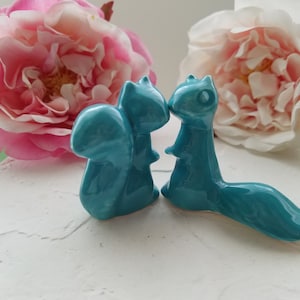 Squirrels Aqua Wedding Cake Topper Ceramic in Love Animals Home Decor Vintage Design Anniversary Gift