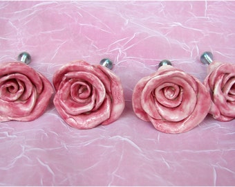 Rose Flower Knobs/Set of 4/Rose Pink Cabinet Drawer Pulls/Dresser Unique Knobs Furniture Hardware Kitchen/Nursery in Rose 1.5" size