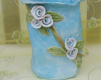 Ceramic Planter Vase with Roses and Vines Organic Design Storage Canister Aqua Decor Cottage Style Housewarming Gift Can Be Personalized