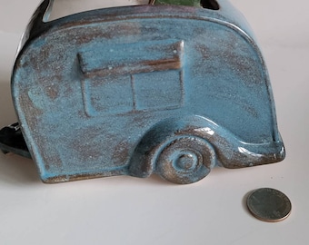 Camper Trailer Planter Smaller Denim Blue Colors Ceramic Storage Vintage Design Gift Vacation Gift Exact One In Stock Ready To Ship