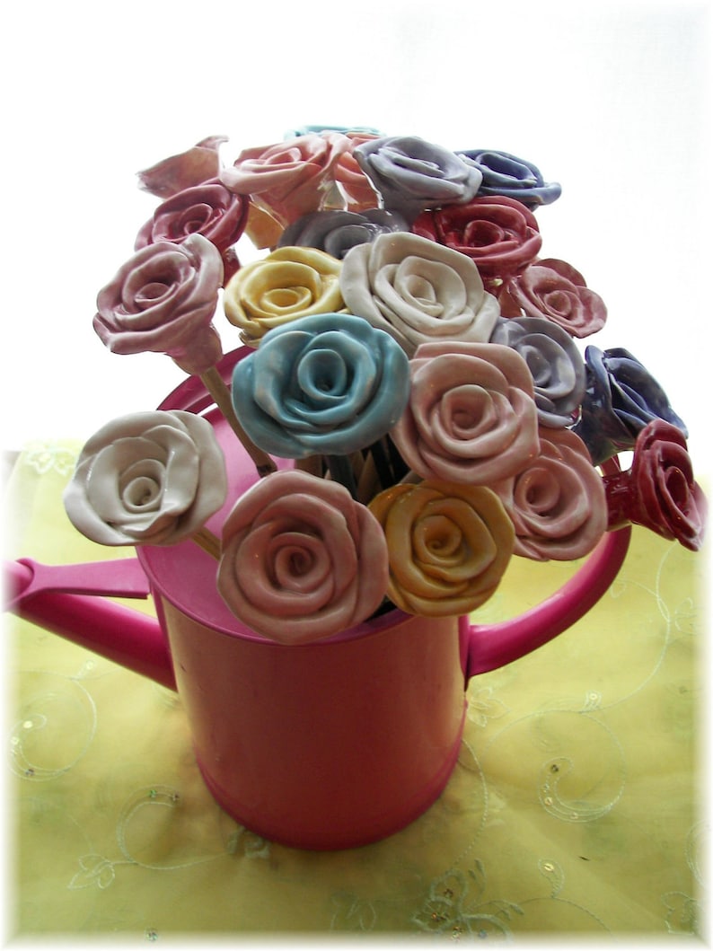 Ceramic Flowers Roses/12 On Stem Bouquet/Alternative Garden/Mothers' Day Gift/Home Decor/Spring Colors/1 Dozen/Birthday Gift/Teacher Gift image 1