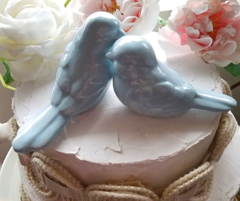 Wedding Cake Topper Dusty Blue Love Birds Elegant Ceramic Home Decor Wedding Favors Available With Crowns Returns Not Accepted image 3