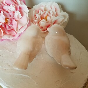 May include: Two white ceramic birds perched on a white cake decorated with pink flowers. The birds are facing each other and have a delicate, romantic feel.