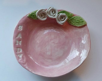 Personalized Cat Dish or Dog Pet Dish Smaller Size Handmade with Roses Shabby Cottage Home Decor Personalized Pet Bowl