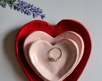 Ceramic Heart Shaped Valentine Hearts Gift Set Handmade Three Nesting Dishes Trinket Dish Jewelry Dish Tea Holder Gift Set