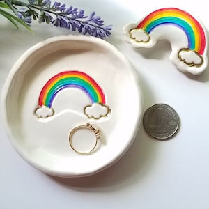 Trinket Dish Rainbow Wedding Dish White Ceramic With Clouds Gloss Finish Jewelry Storage Gay Pride Home Decor Ready to Ship