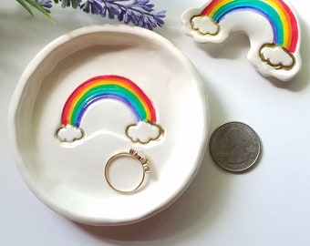 Trinket Dish Rainbow Wedding Dish White Ceramic With Clouds Gloss Finish Jewelry Storage Gay Pride Home Decor Ready to Ship