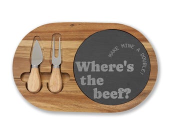 Tabla de charcutería grabada "¿Dónde está la carne?" con pizarra decorativa / Tabla divertida para servir / Tabla de quesos de madera de acacia para regalar