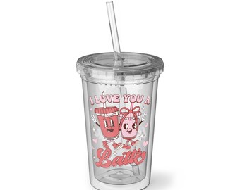 Vaso acrílico de San Valentín / Diseño de pareja con frase "Te amo, un café con leche" / Taza con forma de corazón "Sé mi San Valentín" / Vaso transparente con tapa y pajita
