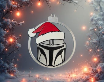 Bounty Hunter Helmet Christmas Ornament | Silver Galaxy Armor 3D Printed Tree Decor