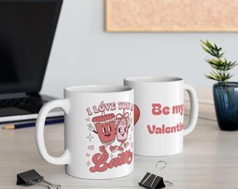 Taza de café de San Valentín / Te amo, un café con leche, diseño de pareja adorable / Taza con forma de corazón "Sé mi San Valentín" / 11 oz 15 oz