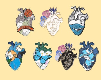 Romantic Love Anatomical heart enamel pin - waves pin van gogh and flowers Anatomy pins - Black heart pin victoria pin - best gift