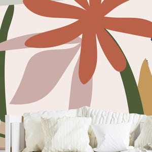 Retro Abstract Floral Wall Mural–Mid Century Modern Peel and Stick Wallpaper with Bold Shapes, Earthy Colors, and Minimalist Botanical Vibes