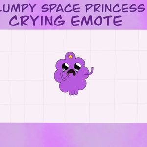 May include: A purple cartoon character, the Lumpy Space Princess, crying, with a star on her head. The image includes the text "LUMPY SPACE PRINCESS CRYING EMOTE" in purple. The background is a light purple gradient with a grid.