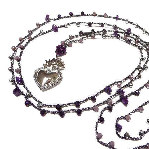 Collana rosario con Cuore Sacro argentato, Collana lunga con perline rosa e viola, stile boho con pendente Ex voto, Milagro