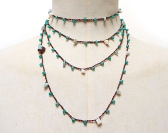 Collana rosario uncinetto, Collana uncinetto perline, Collana Boho, Collana perline verde e marrone, Braccialetto perline da donna