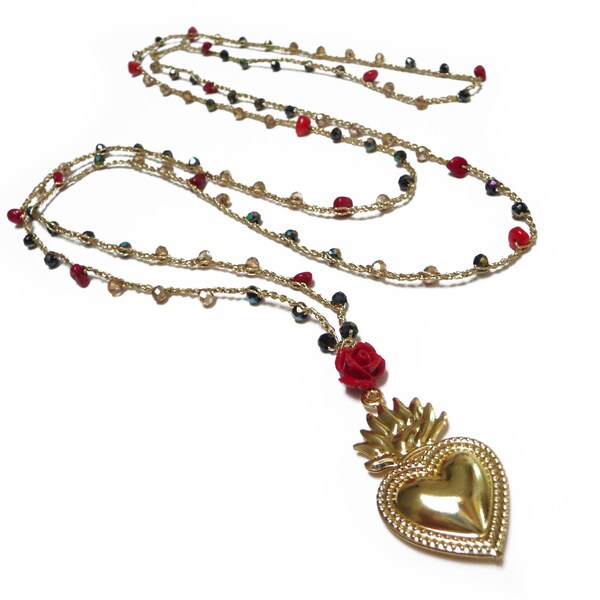 Collana rosario dorata con Cuore Sacro, Collana lunga con perline rosso oro e nero, stile boho con pendente cuore Ex voto, Milagro