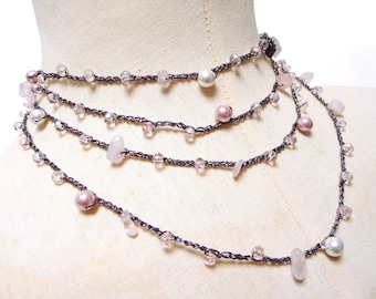 Long Beaded Necklace, Pink Necklace, Crochet Bead Necklace, Rosary Necklace, Boho Necklace, Wrap Bracelet, Rose Quartz Necklace