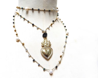 Gold Milagros Necklace with Sacred Heart Pendant, Rosary Necklace, Layered Long Beaded Necklace, Gold and Black Burning Heart