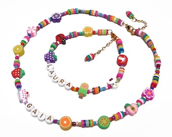 Collana con nome personalizzata, Collana anni '90, Girocollo estivo con frutta e fiori, Collana multicolore