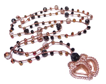 Collana Cuore Sacro oro rosa e nero, Collana Rosario con cuore doppio, Collana Ex Voto, Collana Milagro stile messicano