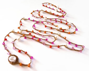 Rosary Necklace with Freshwater Pearls and Crystals, Orange and Pink Crochet Necklace, Long Beaded Necklace, Multi Wrap Bracelet with Beads