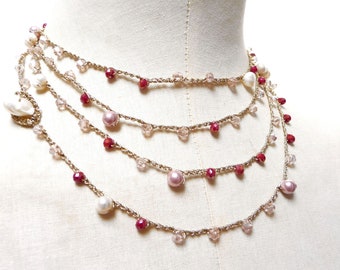 Rosary Necklace, Long Beaded Necklace, Long Crochet Necklace with Crystals and Fresh Pearls, Boho Necklace Gold and Pink