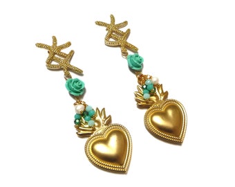 Gold Sacred Heart Earrings, Ex Voto Earrings, Boho Earrings, Milagro Earrings, Flaming Heart Earrings, Starfish Earrings, Aqua Green Gold