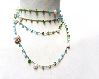 Long Beaded Necklace, Rosary Necklace, Turquoise and Green Crochet Necklace, Multi Wrap Bracelet with Fresh Water Pearls and Crystals