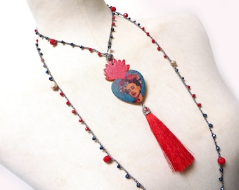 Sacred Heart Necklace, Long Crochet Necklace Mexican Style, Red and Blue Tassel Necklace, Portrait Cameo Pendant, Boho Gipsy Style