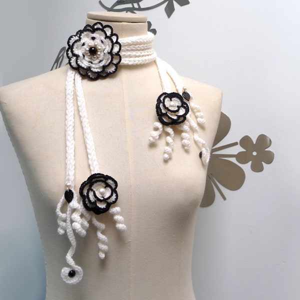 RESERVED - Knitted Scaflette - Crochet Neckwarmer - Necklace Lariat - Black White - Handmade - PEONY