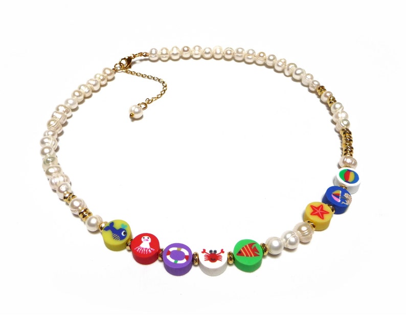 Beaded necklace with freshwater pearls and multicolor sea beads, Y2k necklace, Pearl necklace Y2k