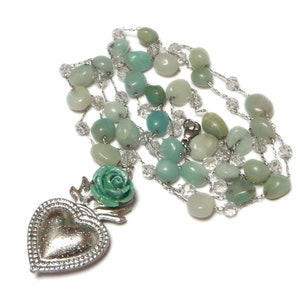 Collana cuore sacro argento e verde, Collana rosario, Collana ex voto, Collana milagro, Collana boho