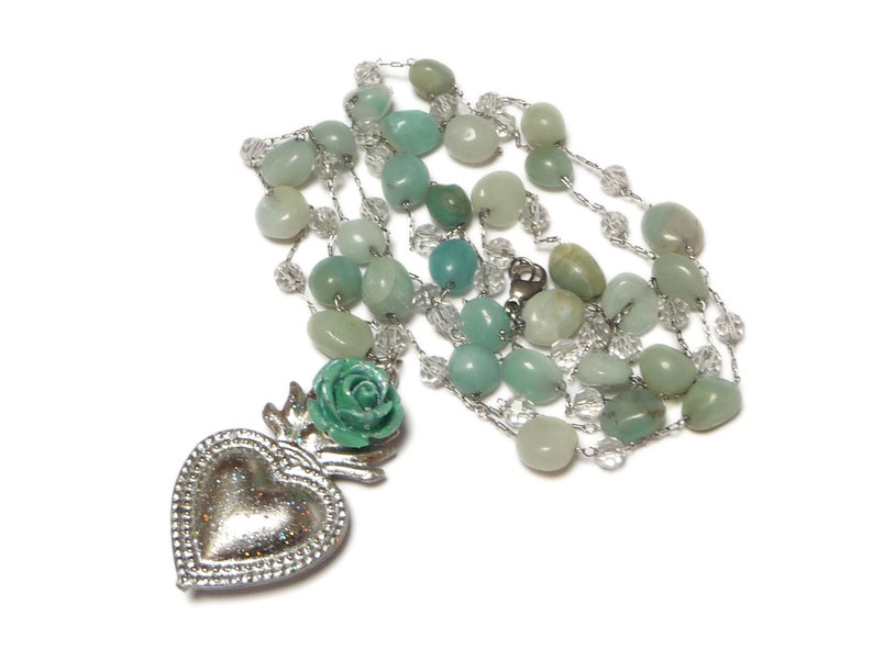 Collana cuore sacro argento e verde, Collana rosario, Collana ex voto, Collana milagro, Collana boho