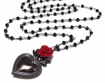 Sacred Heart Necklace - Gunmetal Grey Milagro Heart Pendant and Black Crystals Rosary Chain