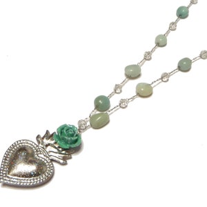 Sacre heart necklace, Silver and aqua green necklace, Rosary necklace, Ex voto pendant