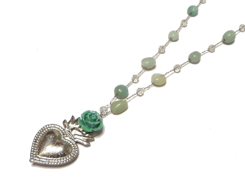 Sacre heart necklace, Silver and aqua green necklace, Rosary necklace, Ex voto pendant