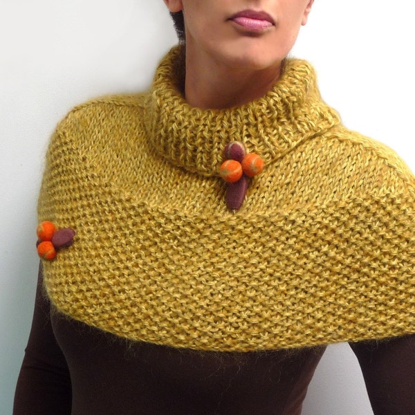 Yellow-Green Hand Knitted Capelet / Mustard Poncho with orange and brown buds - XILIA