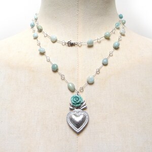 Silver sacred heart necklace with aqua green rose and semi precious stone beads, Milagro necklace, Ex voto necklace, Rosary necklace, Boho style, Mexican necklace