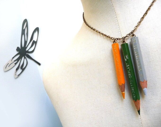 Color Pencil Necklace With Brass Chain Yellow Olive Green Etsy