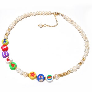 Y2k style necklace, Pearl jewelry, Freshwater pearl choker with colorful sea beads, Beaded necklace