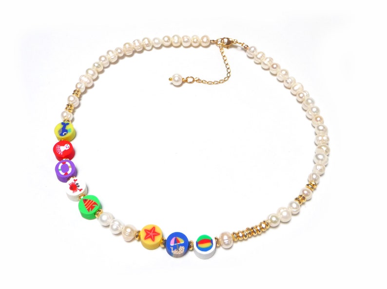 Y2k style necklace, Pearl jewelry, Freshwater pearl choker with colorful sea beads, Beaded necklace