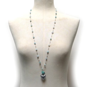 Collana rosario con ciondolo cuore sacro, Collana argento e verde acqua, Collana boho