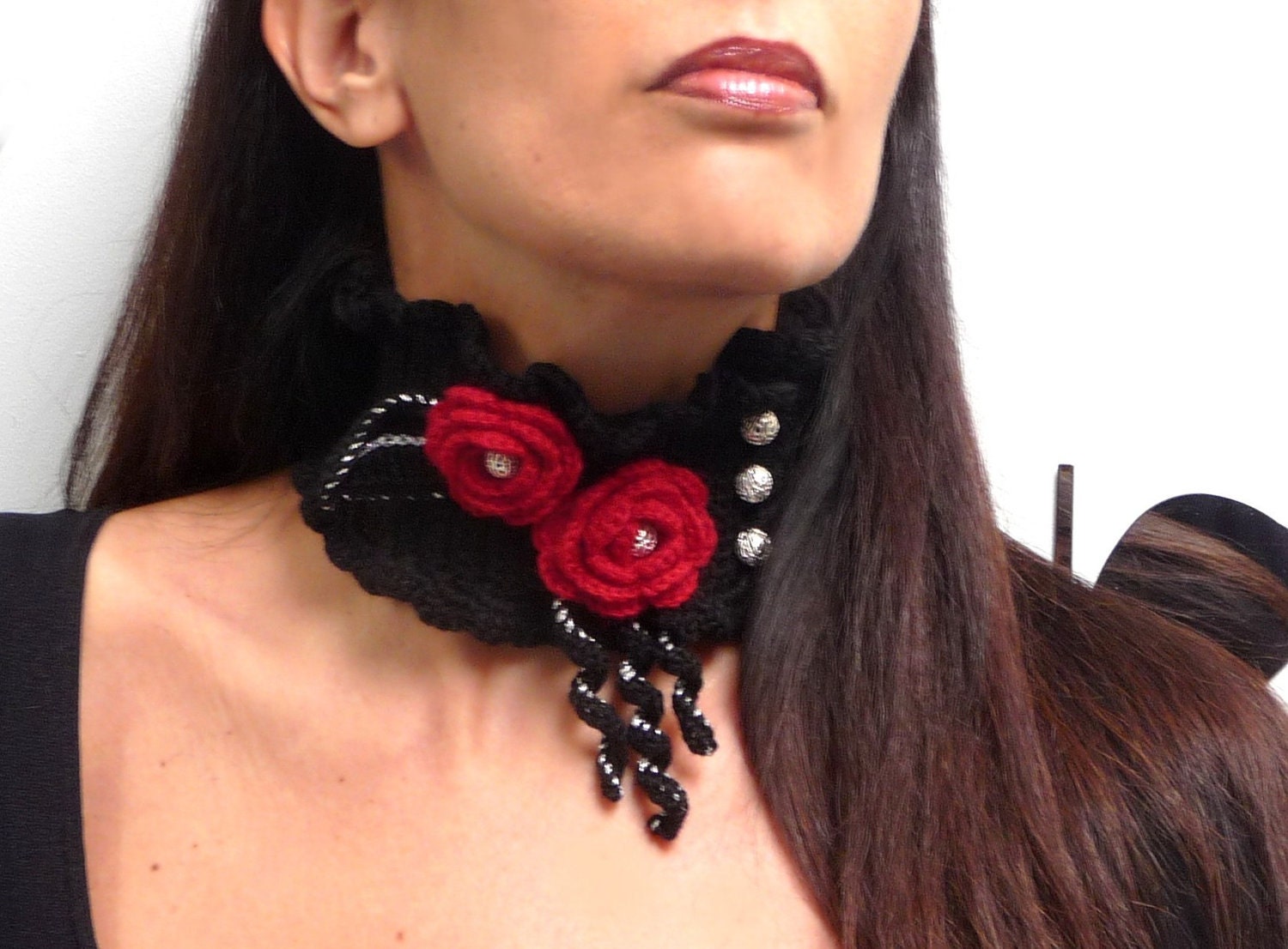 JUSTINE Lux Cowl Choker Accessories Scarves & Wraps Collars & Bibs Crochet Black Neckwarmer with Red Flowers and Silver Beads 